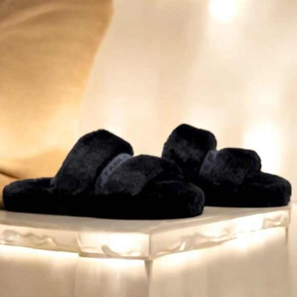 NIB - Fabletics Women's Black Furry Snug Strap Slipper Slide-on Size: 6 - Picture 2 of 6